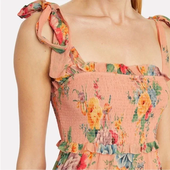 Zimmermann Zinnia Shirred Cotton-Silk Crepon Midi Dress in Coral Floral size 0 - Picture 2 of 14